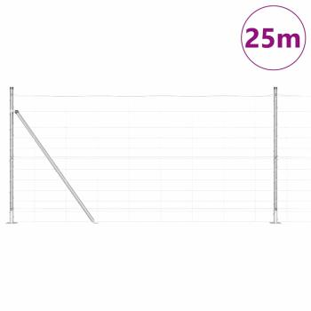 Feldzaun 1,2x25 m verzinkter Stahl, Zaunpfosten mit Grundplatten 13 Stück Ø32mm 68,5cm verzinkter Stahl