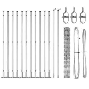 Feldzaun 1,2x25 m verzinkter Stahl, Zaunpfosten mit Grundplatten 13 Stück Ø32mm 68,5cm verzinkter Stahl