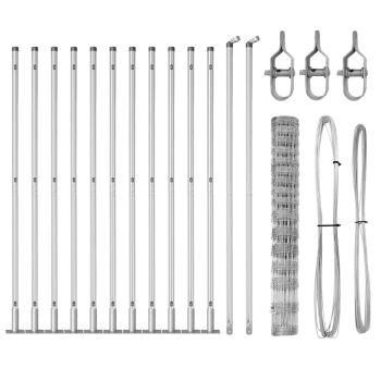 Feldzaun 1,2 x 25 m feuerverzinkter Stahl, Zaunpfosten mit Fußplatten 13 Stück Ø32mm 68,5cm feuerverzinkter Stahl