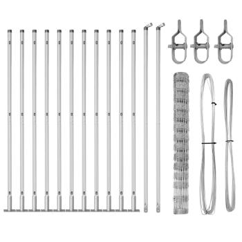 Feldzaun 1,4x25 m verzinkter Stahl, Zaunpfosten mit Sockelplatten 13 Stück Ø32mm 78,5cm verzinkter Stahl
