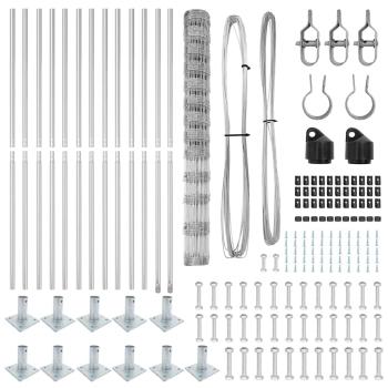Feldzaun 1,5x25 m verzinkter Stahl, Zaunpfosten mit Bodenplatten 13 Stück Ø32mm 83,5cm verzinkter Stahl
