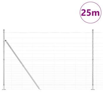 Feldzaun 1,6x25 m verzinkter Stahl, Zaunpfosten mit Bodenplatten 13 Stück Ø32mm 88,5cm verzinkter Stahl