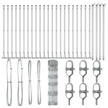 Feldzaun 0.8x50 m Verzinkter Stahl, Zaunpfosten mit Bodenplatten 13 Stück Ø32mm 90cm Verzinkter Stahl