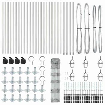 Feldzaun 0.8x50 m Verzinkter Stahl, Zaunpfosten mit Bodenplatten 13 Stück Ø32mm 90cm Verzinkter Stahl