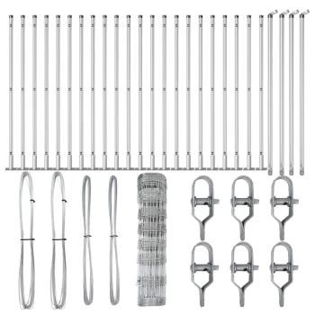 Feldzaun 0,8x50 m verzinkter Stahl, Zaunpfosten mit Bodenplatten 13 Stück Ø32mm 90cm verzinkter Stahl