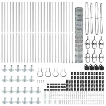Feldzaun 1,2x50 m Verzinkter Stahl, Zaunpfosten mit Fußplatten 13 Stück Ø32mm 68,5cm Verzinkter Stahl