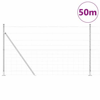 Feldzaun 1,4x50 m Verzinkter Stahl, Zaunpfosten mit Bodenplatten 13 Stück Ø32mm 78,5cm Verzinkter Stahl