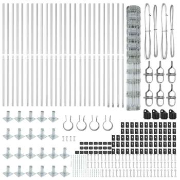 Feldzaun 1,4x50 m Verzinkter Stahl, Zaunpfosten mit Bodenplatten 13 Stück Ø32mm 78,5cm Verzinkter Stahl