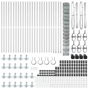 Feldzaun 1,4x50 m Verzinkter Stahl, Zaunpfosten mit Bodenplatten 13 Stk Ø32mm 78,5cm Verzinkter Stahl