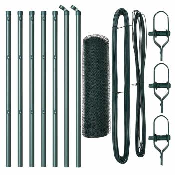 Sechseckzaun Grün 0,6x10 m Stahl, Zaunpfosten 7 Stk Grün Ø32 mm 100 cm Verzinkter Stahl