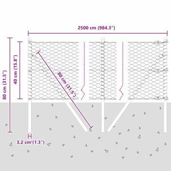 Sechseckzaun Grau 0,4x25 m Stahl, Zaunpfosten 13 Stück Grau Ø32 mm 80 cm verzinkter Stahl