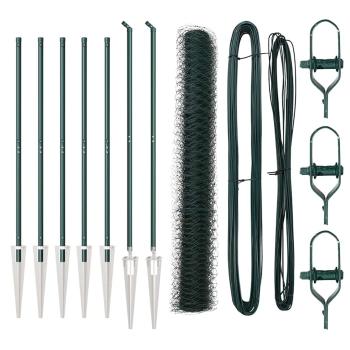 Sechseckzaun Grün 1,2x10 m Stahl, Zaunpfosten mit Spike 7 Stück Ø32 mm 140 cm verzinkter Stahl