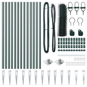 Hexagonzaun Grün 0,8x25 m Stahl, Zaunpfosten mit Spikes 13 Stück Ø32 mm 100 cm feuerverzinkter Stahl