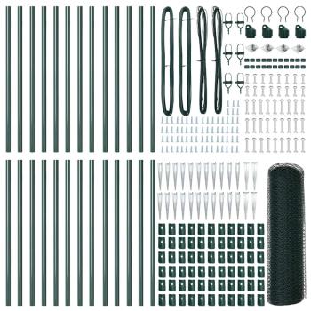 Sechseckzaun Grün 0,6x50 m Stahl, Zaunpfosten mit Spitze 13 Stk Ø32 mm 80 cm verzinkter Stahl