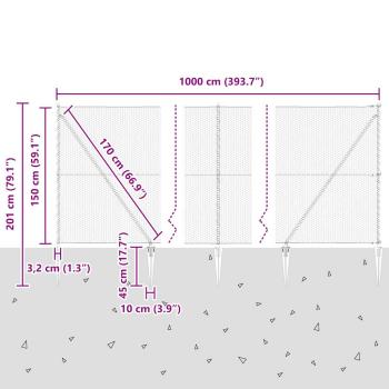 Hexagonzaun Grau 1,5x10 m Stahl, Zaunpfosten mit Spitze 7 Stück Ø32 mm 170 cm verzinkter Stahl