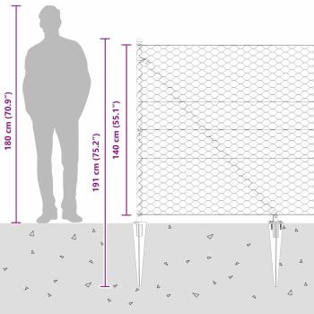 Sechseckzaun Grau 1,4 x 50 m Stahl, Zaunpfosten mit Spike 13 Stück Ø32 mm 160 cm verzinkter Stahl