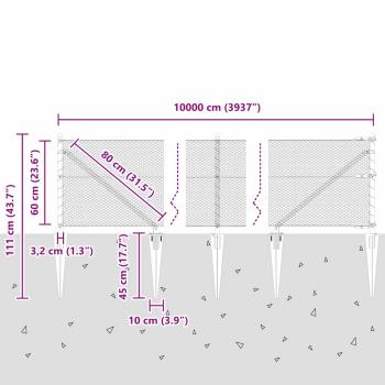 Hexagonzaun Grau 0.6x100 m Stahl, Zaunpfosten mit Spitze 13 Stück Ø32 mm 80 cm verzinkter Stahl
