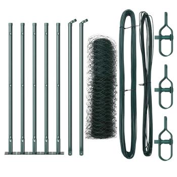 Sechseckzaun Grün 0,8x10 m Stahl, Zaunpfosten mit Sockelplatten 7 Stück Ø32mm 90cm verzinkter Stahl