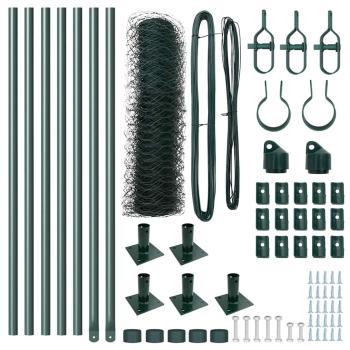 Sechseckzaun Grün 0,8x10 m Stahl, Zaunpfosten mit Sockelplatten 7 Stück Ø32mm 90cm verzinkter Stahl