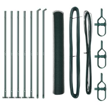 Sechseckzaun Grün 1x10 m Stahl, Zaunpfosten mit Grundplatten 7 Stück Ø32mm 110cm verzinkter Stahl