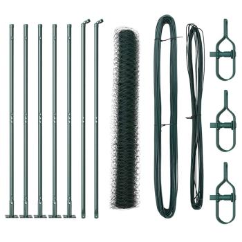 Sechseckzaun Grün 1,2x10 m Stahl, Zaunpfosten mit Grundplatten 7 Stk Ø32mm 68,5cm verzinkter Stahl