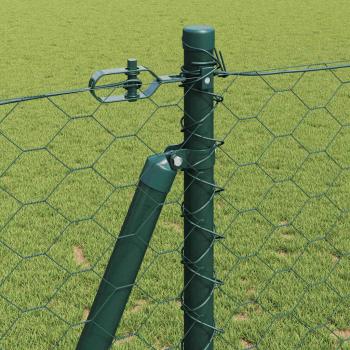 Sechseckzaun Grün 1,2x10 m Stahl, Zaunpfosten mit Grundplatten 7 Stk Ø32mm 68,5cm verzinkter Stahl