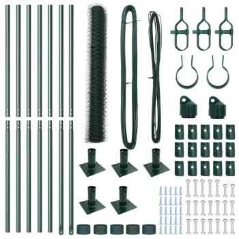 Sechseckzaun Grün 1,2x10 m Stahl, Zaunpfosten mit Grundplatten 7 Stk Ø32mm 68,5cm verzinkter Stahl