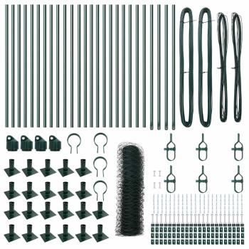 Sechseckzaun Grün 1x50 m Stahl, Zaunpfosten mit Basisplatten 13 Stk Ø32mm 110cm Verzinkter Stahl