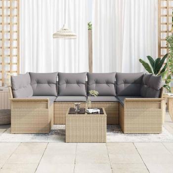 7-teiliges Garten-Sofa Set mit Kissen - Beige - Poly Rattan, 2-Sitzer Garten-Sofa mit Stauraum und Kissen - Beige - Poly Rattan