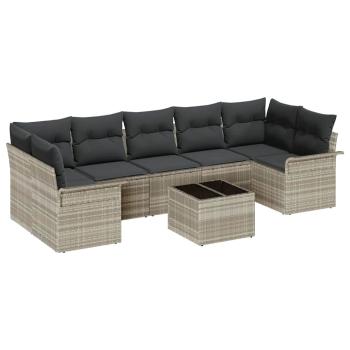 8-teiliges Garten Sofa Set mit Kissen Hellgrau Poly Rattan, 2-Sitzer Garten Sofa mit Stauraum & Kissen Hellgrau Poly Rattan