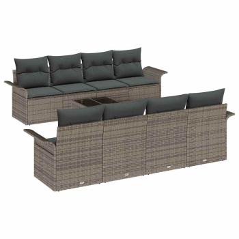 9-teiliges Garten-Sofa-Set mit Kissen Grau Poly-Rattan, 2-Sitzer Garten-Sofa mit Stauraum & Kissen Grau Poly-Rattan