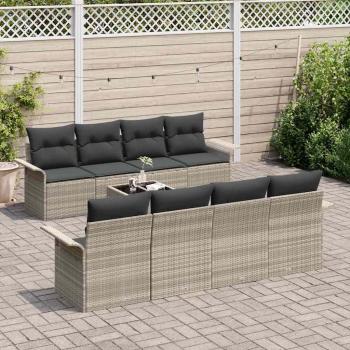 9-teiliges Garten Sofa Set mit Kissen Hellgrau Poly Rattan, 2-Sitzer Garten Sofa mit Stauraum & Kissen Hellgrau Poly Rattan