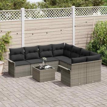9-teiliges Garten-Sofa-Set mit Kissen Grau Poly Rattan, 2-Sitzer Garten-Sofa mit Stauraum & Kissen Grau Poly Rattan