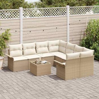 9-teiliges Garten Sofa Set mit Kissen Beige Poly Rattan, 2-Sitzer Garten Sofa mit Stauraum & Kissen Beige Poly Rattan
