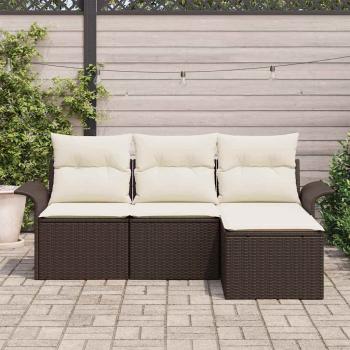 4-teiliges Garten Sofa Set mit Kissen Braun Poly Rattan, 2-Sitzer Garten Sofa mit Stauraum & Kissen Braun Poly Rattan