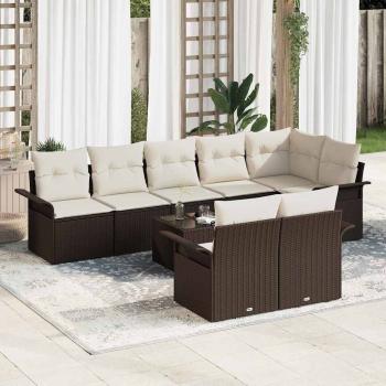 ARDEBO.de - 8-teiliges Garten-Sofa-Set mit Kissen Grau Poly Rattan, 2-Sitzer Garten-Sofa mit Stauraum & Kissen Braun Poly Rattan