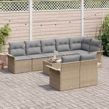 9-teiliges Garten-Sofa-Set mit Kissen in schwarzem Poly-Rattan, 2-Sitzer Garten-Sofa mit Stauraum und Kissen in beige Poly-Rattan