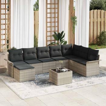 ARDEBO.de - 9-teiliges Garten Sofaset mit Kissen Grau Poly Rattan, 2-Sitzer Garten Sofa mit Stauraum & Kissen Hellgrau Poly Rattan