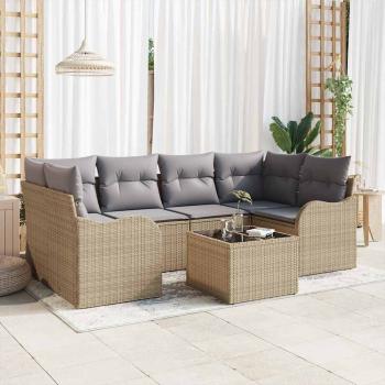 ARDEBO.de - 7-teiliges Garten Sofa Set mit Kissen Beige Poly Rattan, 2-Sitzer Garten Sofa mit Stauraum & Kissen Beige Poly Rattan