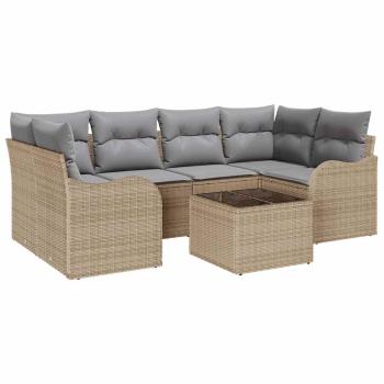 7-teiliges Garten Sofa Set mit Kissen Beige Poly Rattan, 2-Sitzer Garten Sofa mit Stauraum & Kissen Beige Poly Rattan