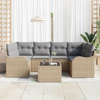 7-teiliges Garten Sofa Set mit Kissen Beige Poly Rattan, 2-Sitzer Garten Sofa mit Stauraum & Kissen Beige Poly Rattan