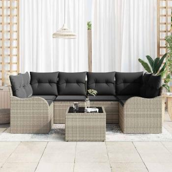 7-teiliges Garten-Sofa-Set mit Kissen Hellgrau Poly Rattan, 2-Sitzer Garten-Sofa mit Stauraum & Kissen Hellgrau Poly Rattan