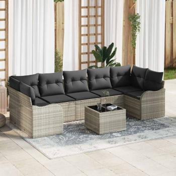 ARDEBO.de - 8-teiliges Garten Sofa Set mit Kissen Hellgrau Poly Rattan, 2-Sitzer Garten Sofa mit Stauraum & Kissen Hellgrau Poly Rattan