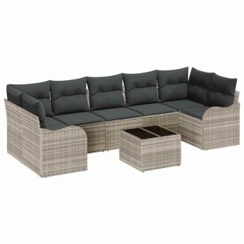 8-teiliges Garten Sofa Set mit Kissen Hellgrau Poly Rattan, 2-Sitzer Garten Sofa mit Stauraum & Kissen Hellgrau Poly Rattan