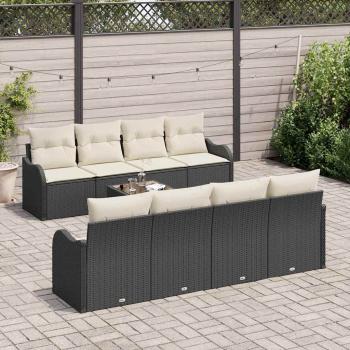 9-teiliges Garten Sofa Set mit Kissen Schwarz Poly Rattan, 2-Sitzer Garten Sofa mit Stauraum & Kissen Schwarz Poly Rattan