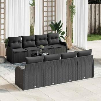 ARDEBO.de - 9-teiliges Garten Sofa Set mit Kissen Schwarz Poly Rattan, 2-Sitzer Garten Sofa mit Stauraum & Kissen Schwarz Poly Rattan