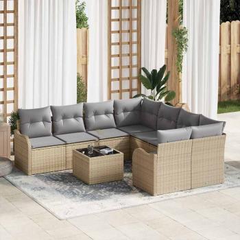 ARDEBO.de - 9-teiliges Garten-Sofa-Set mit Kissen in Beige Poly Rattan, 2-Sitzer Garten-Sofa mit Stauraum und Kissen in Beige Poly Rattan
