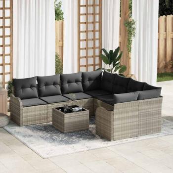 ARDEBO.de - 9-teiliges Garten Sofa Set mit Kissen Hellgrau Poly Rattan, 2-Sitzer Garten Sofa mit Stauraum & Kissen Hellgrau Poly Rattan