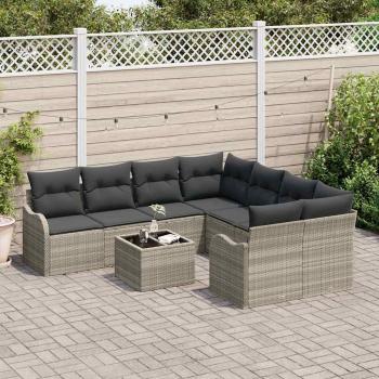 9-teiliges Garten Sofa Set mit Kissen Hellgrau Poly Rattan, 2-Sitzer Garten Sofa mit Stauraum & Kissen Hellgrau Poly Rattan