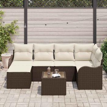 6-teiliges Garten-Sofa Set mit Kissen Grau Poly Rattan, 2-Sitzer Garten-Sofa mit Stauraum & Kissen Braun Poly Rattan